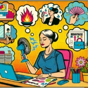 Pop art image of a woman at work suffering from the symptoms of the menopause