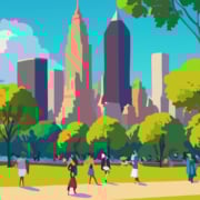 A cartoon image of a city park in summer. People are walking around the park enjoying the sunshine