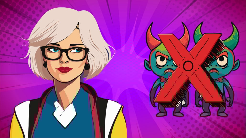 Comic book image of a woman looking at twin demons. The demons have a big red X overlaid