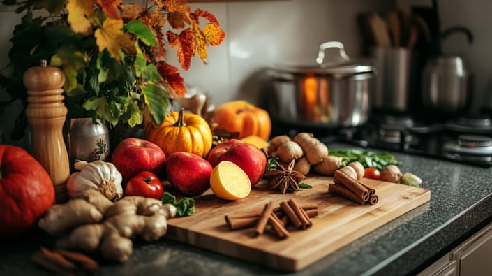 Kitchen work top with autumn friuit and veg Kitchen work top with autumn friuit and veg