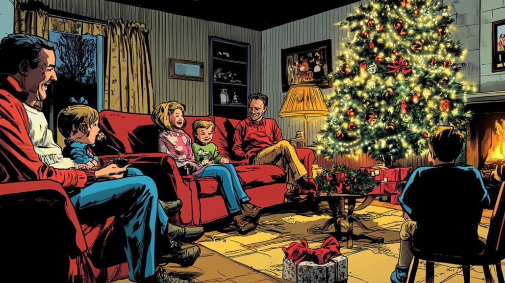 A cartoon image of a family sitting in their living room at Christmas