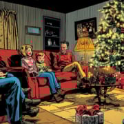 A cartoon image of a family sitting in their living room at Christmas