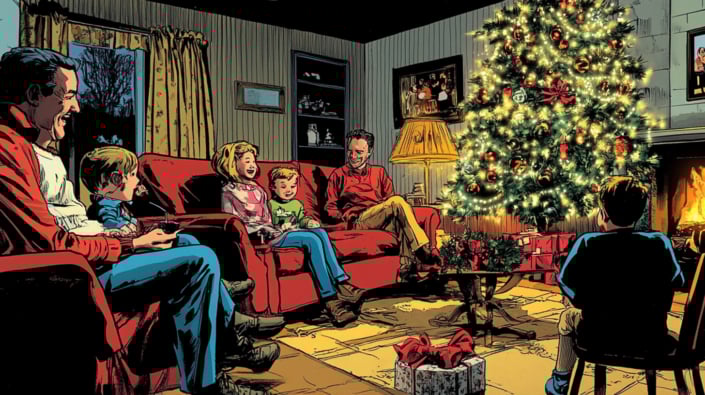 A family at Christmas A cartoon image of a family sitting in their living room at Christmas