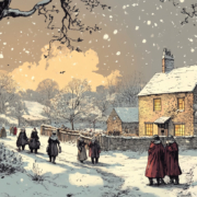 A water colour image of an English country scene at Christmas in the snow