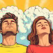 An image of a man and woman doing breathing exercises to reduce stess