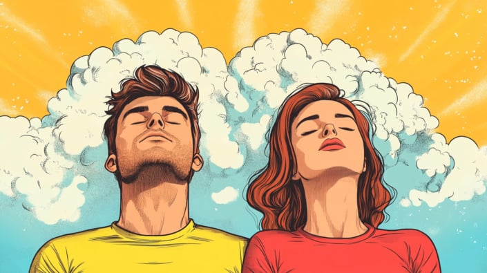 Man and woman doing breathing exercises An image of a man and woman doing breathing exercises to reduce stess