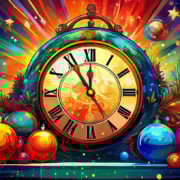A brightly coloured image of a clock showing the time as just before midnight on New Year's Eve