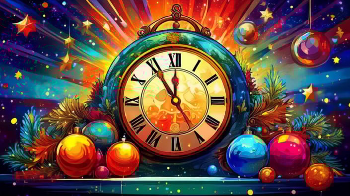 New Years Eve A brightly coloured image of a clock showing the time as just before midnight on New Year's Eve