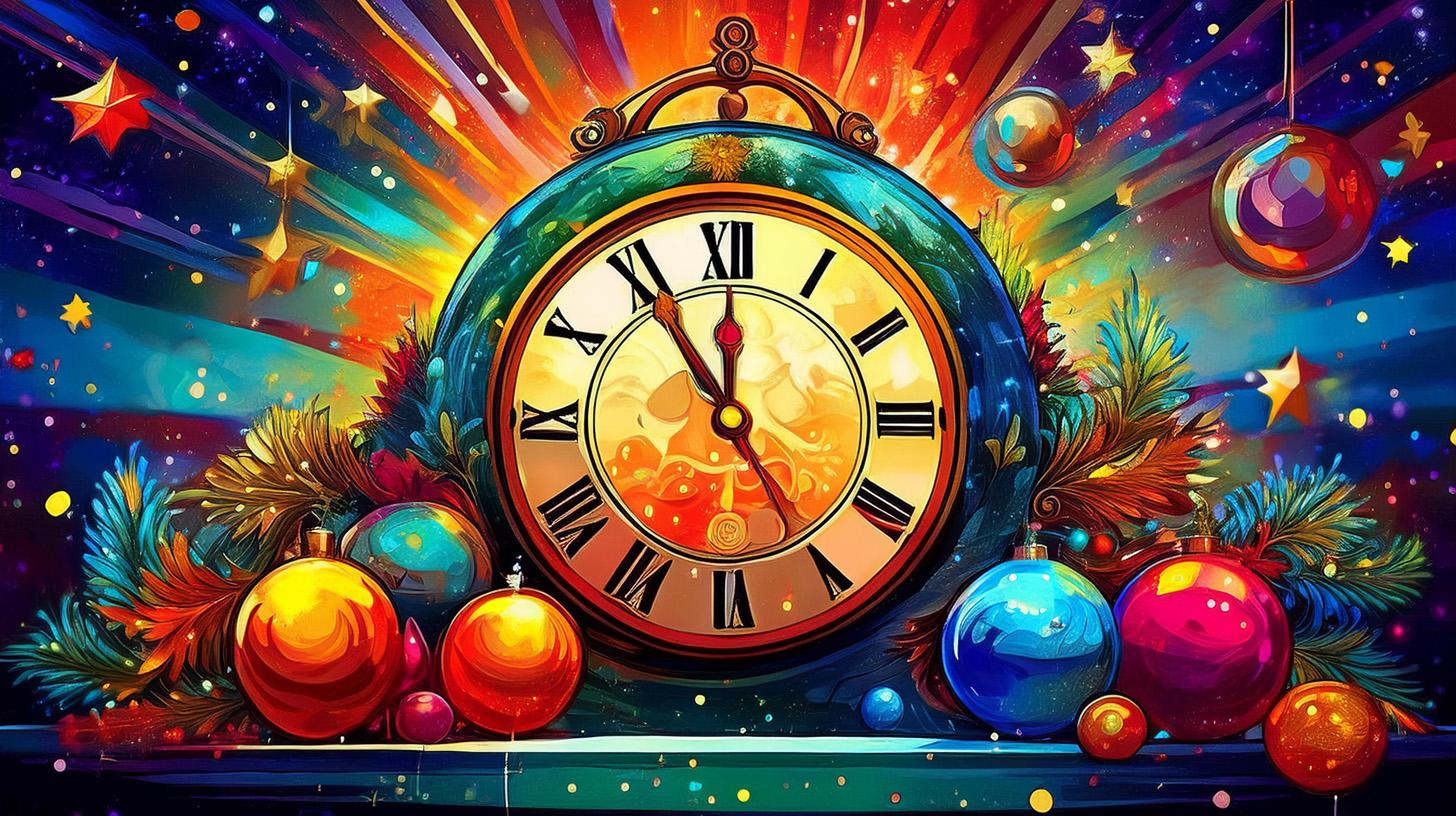 A brightly coloured image of a clock showing the time as just before midnight on New Year's Eve