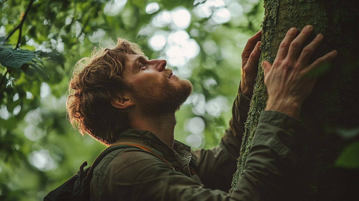 Picture of a man touching a tree in a woodland in Spring