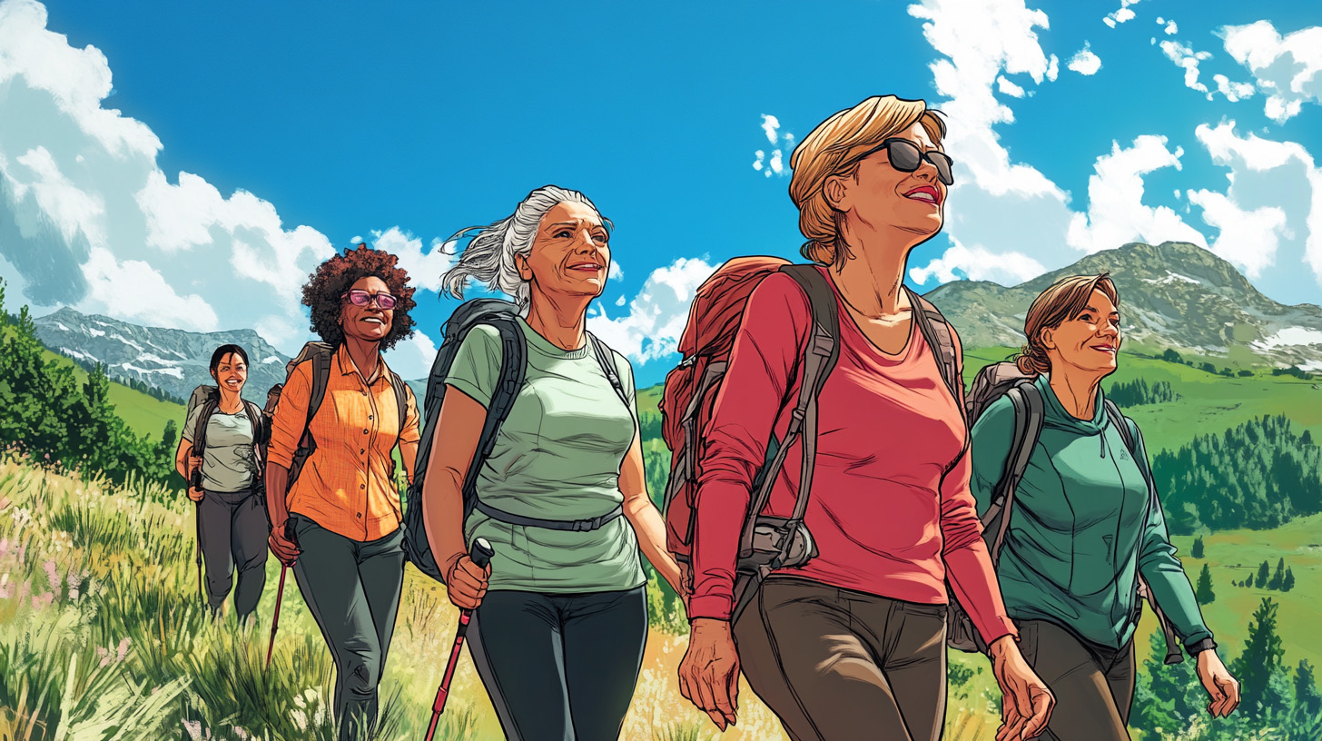A cartoon image of a group of women walking in the hills