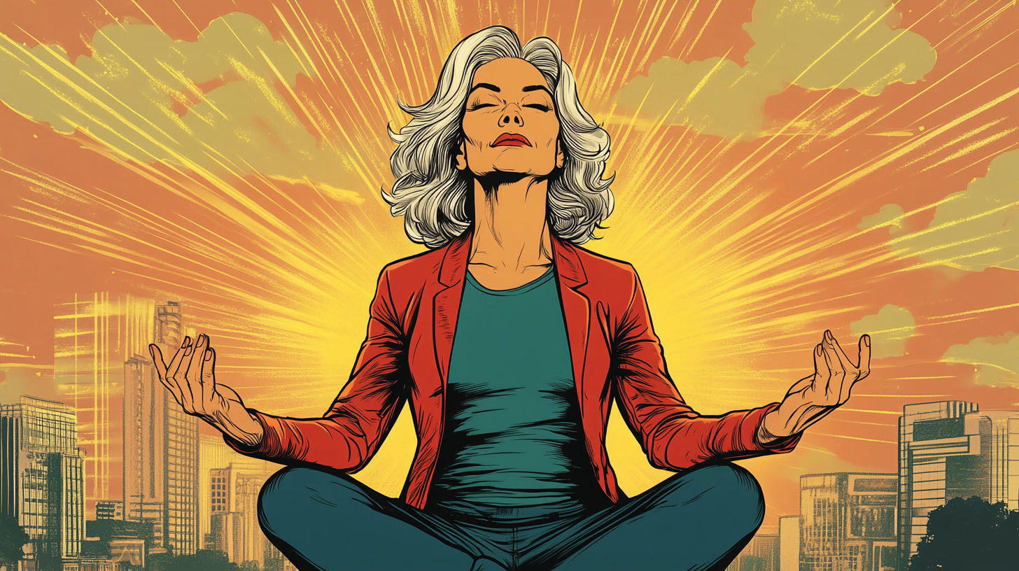 A cartoon image of a woman meditating and practicing mindfulness