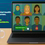 Illustration of a laptop showing a diverse group of people in an online wellbeing course, with bold text announcing free Online Mental Health and wellbeing support in Hertfordshire