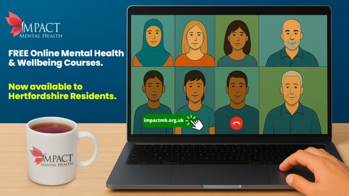 First Post Featured Image Illustration of a laptop showing a diverse group of people in an online wellbeing course, with bold text announcing free Online Mental Health and wellbeing support in Hertfordshire