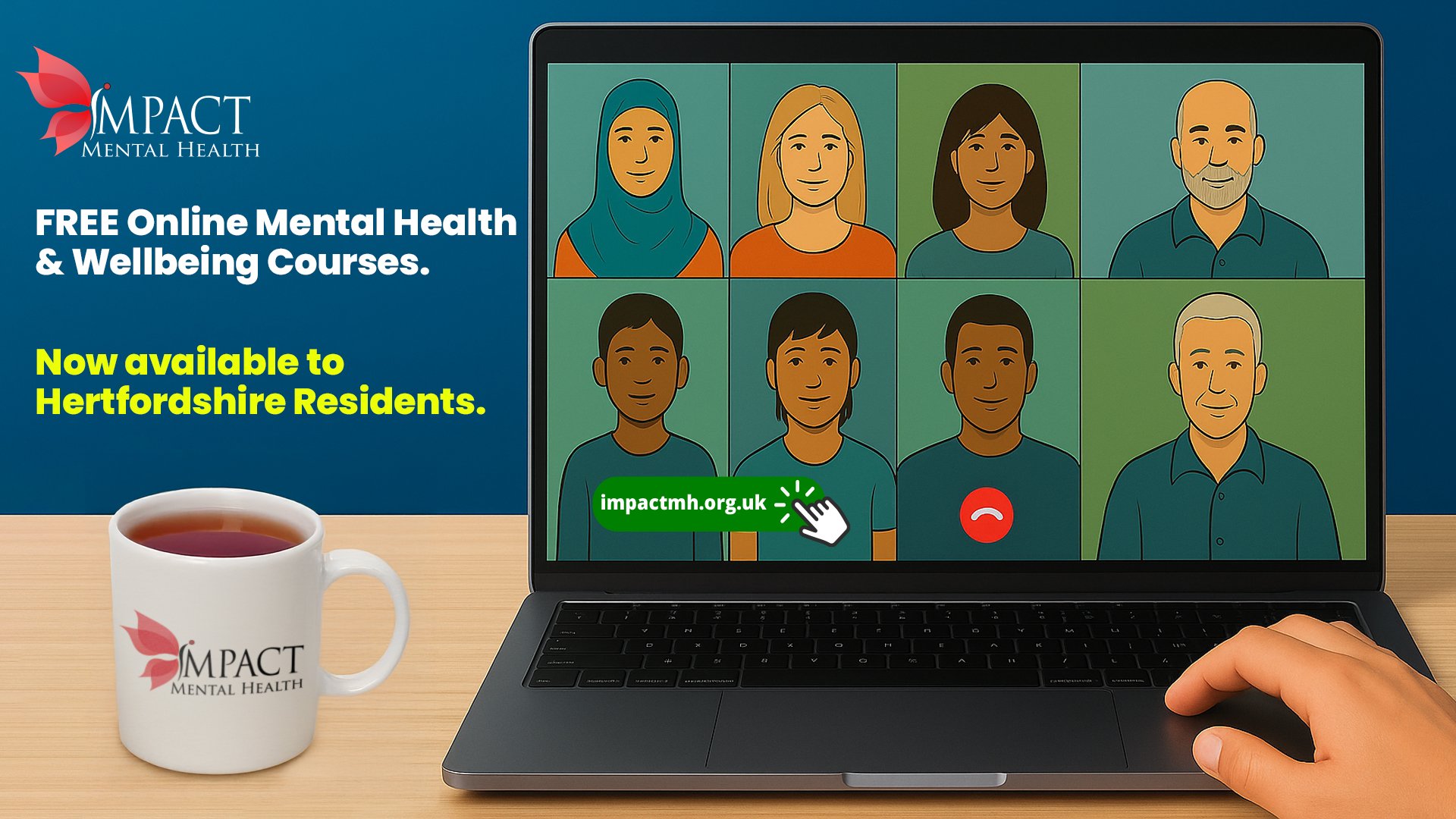 Illustration of a laptop showing a diverse group of people in an online wellbeing course, with bold text announcing free Online Mental Health and wellbeing support in Hertfordshire