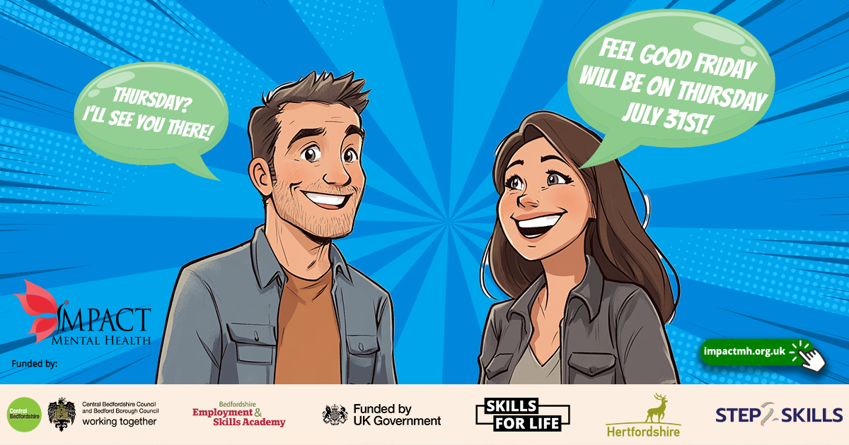 A cartoon image of two people talking about the change of date for Feel Good Friday which will be on Thursday 31st July