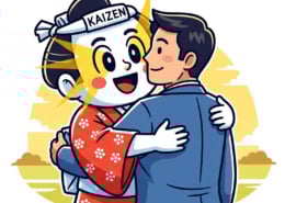 A cartoon image of Kaizen as a person hugging a man