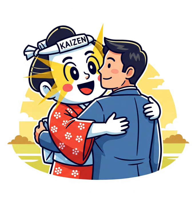 kaizen A cartoon image of Kaizen as a person hugging a man