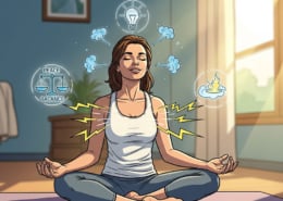 A comic book style image of a woman doing yoga and practicing the Buteyko Breathing Technique