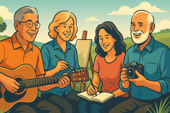 Beyond The Board Room A cartoon image of a group of people over 50 trying new creative hobbies