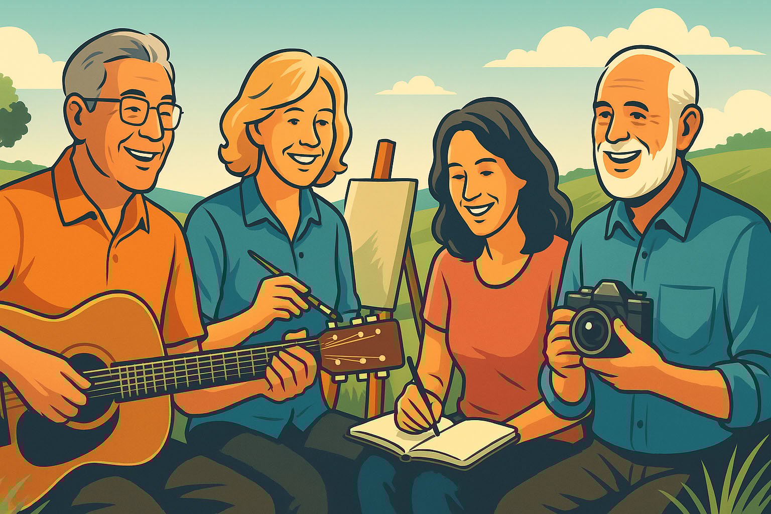 A cartoon image of a group of people over 50 trying new creative hobbies