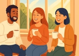 A cartoon image of people sitting at a window in autumn chatting and having coffee