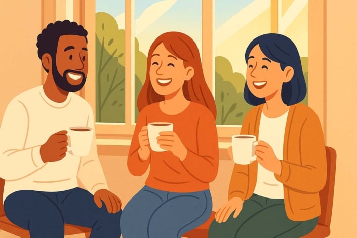 A cartoon image of people sitting at a window in autumn chatting and having coffee