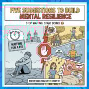 A comic book style graphic illustrating ways to build mental resilience