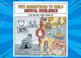 A comic book style graphic illustrating ways to build mental resilience