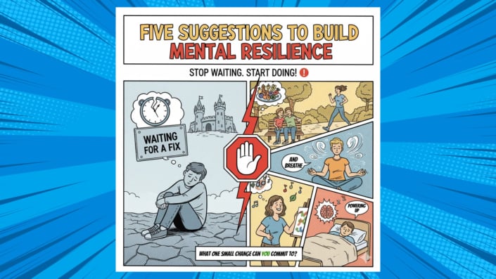 A comic book style graphic illustrating ways to build mental resilience