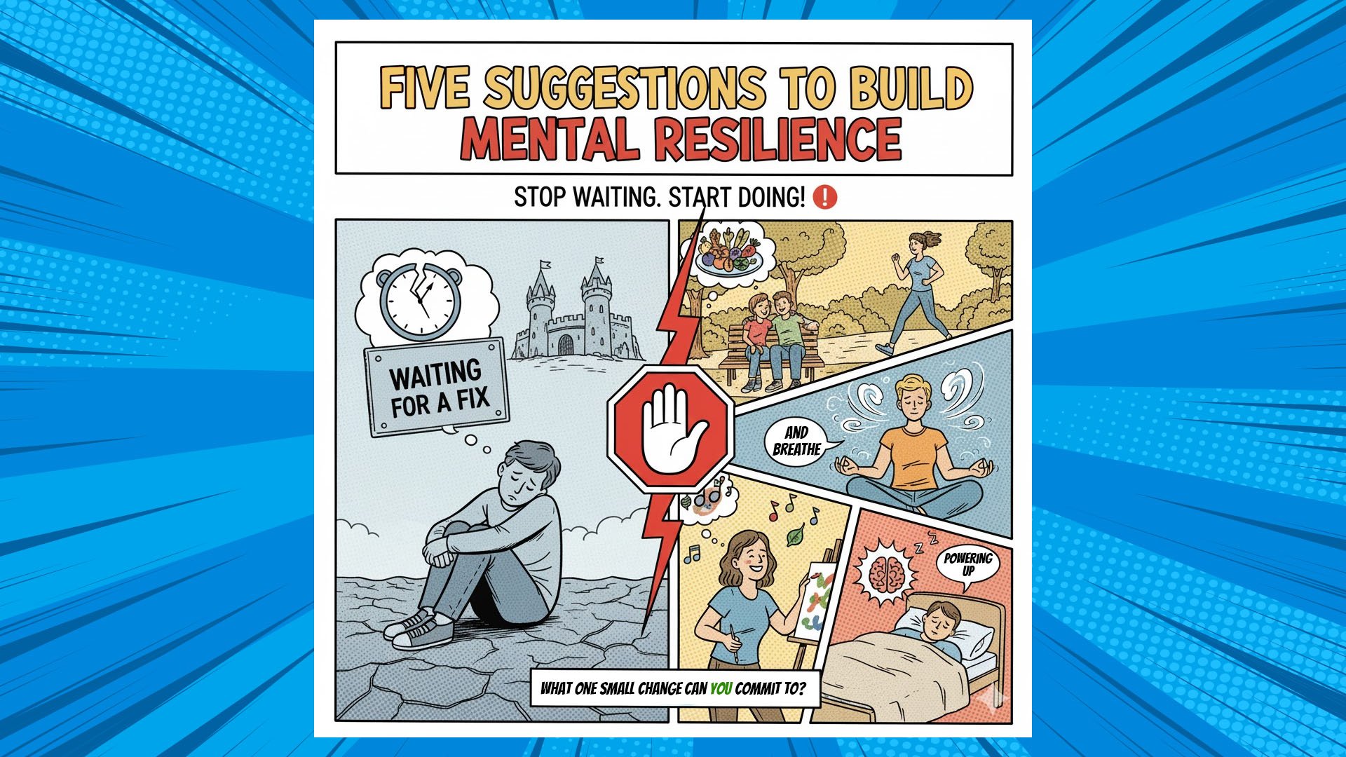 A comic book style graphic illustrating ways to build mental resilience