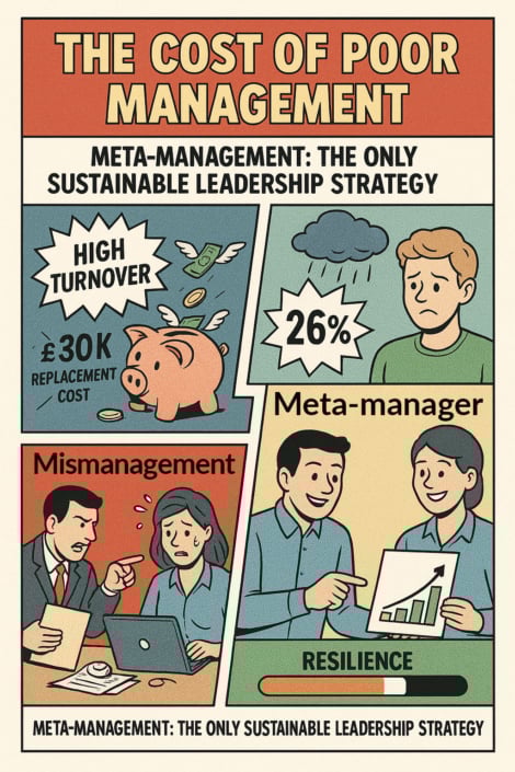 A comic book style image showing the primary statistics from the article about meta management