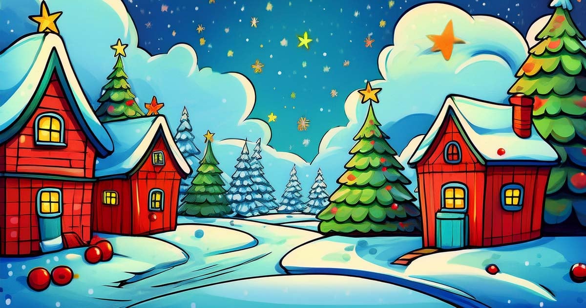 A cartoon image of a snowy village