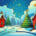 A cartoon image of a snowy village in winter