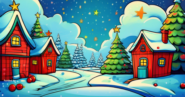 Xmas Post Impact A cartoon image of a snowy village in winter