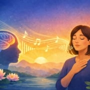 An illustration showing a woman humming and breathing to aid nervous resilience.