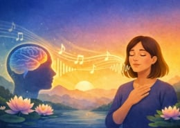 An illustration showing a woman humming and breathing to aid nervous resilience.
