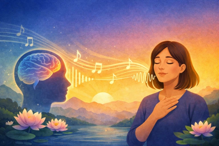 An illustration showing a woman humming and breathing to aid nervous resilience.