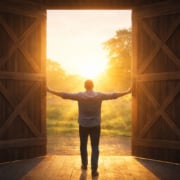 A man opening barn doors to let the sunshine in