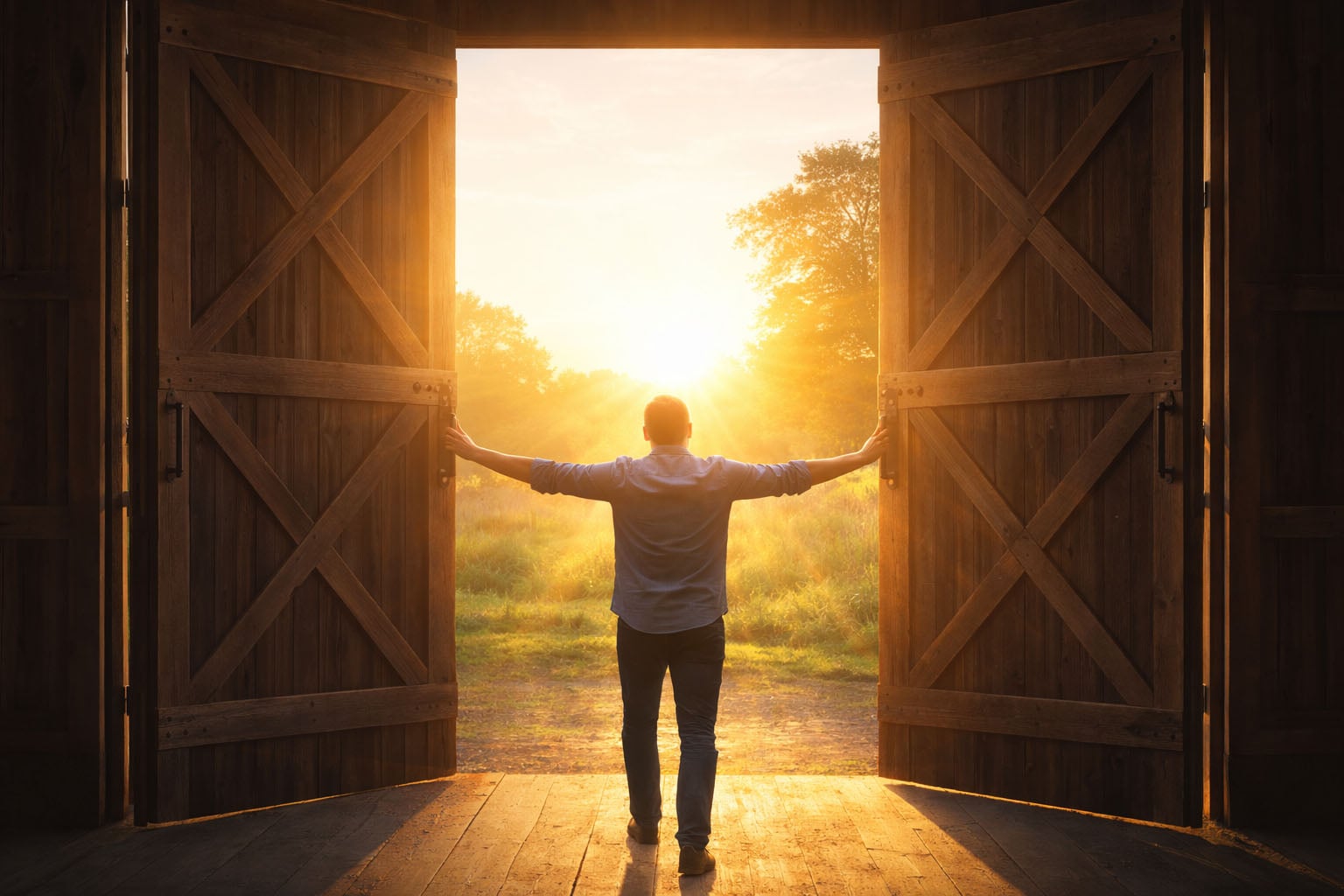 A man opening barn doors to let the sunshine in