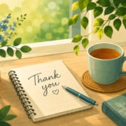 An illustration of a table in a window in summer with a note book and a cup of tea
