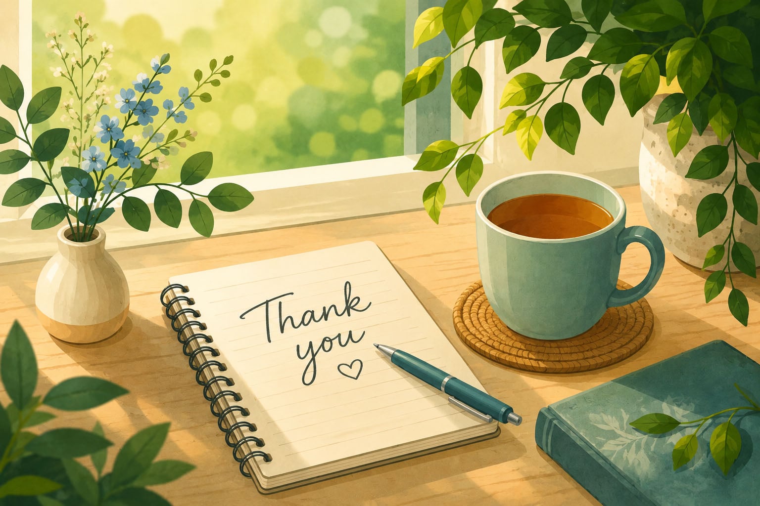 An illustration of a table in a window in summer with a note book and a cup of tea