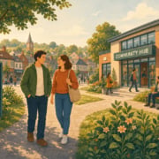 An illustration of two people walking in front of a community hub illustrating how mental health support is coming closer to home